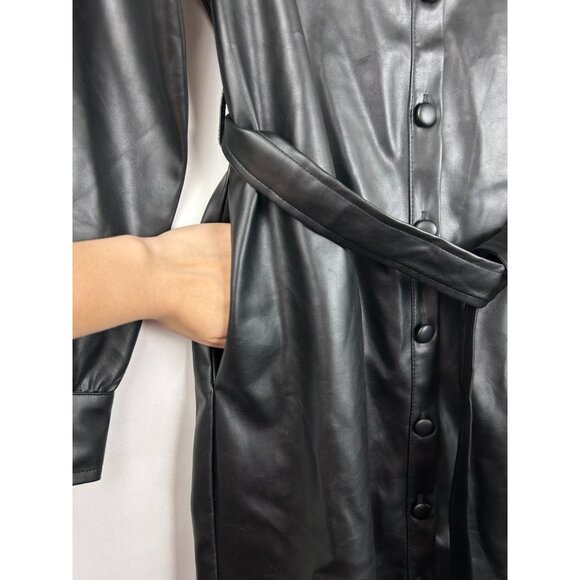 Evereve Small Womens Black Vegan Faux Leather Button Up Midi Dress Trench - Picture 11 of 16